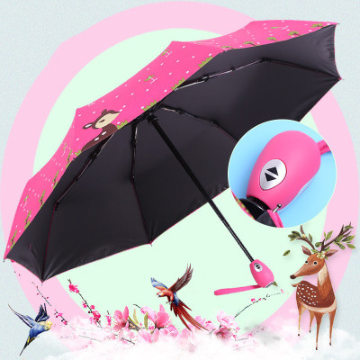 三折小鹿黑胶伞自收自开晴雨两用伞创意礼品防晒遮阳伞